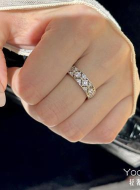 Yooper纯银菱格蕾丝雕花镂空镶指戒指女s925轻奢菱纹精致百搭指环