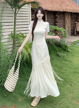 实价有货新中式盘扣提花旗袍连衣裙女夏季新款设计感修身流苏长裙