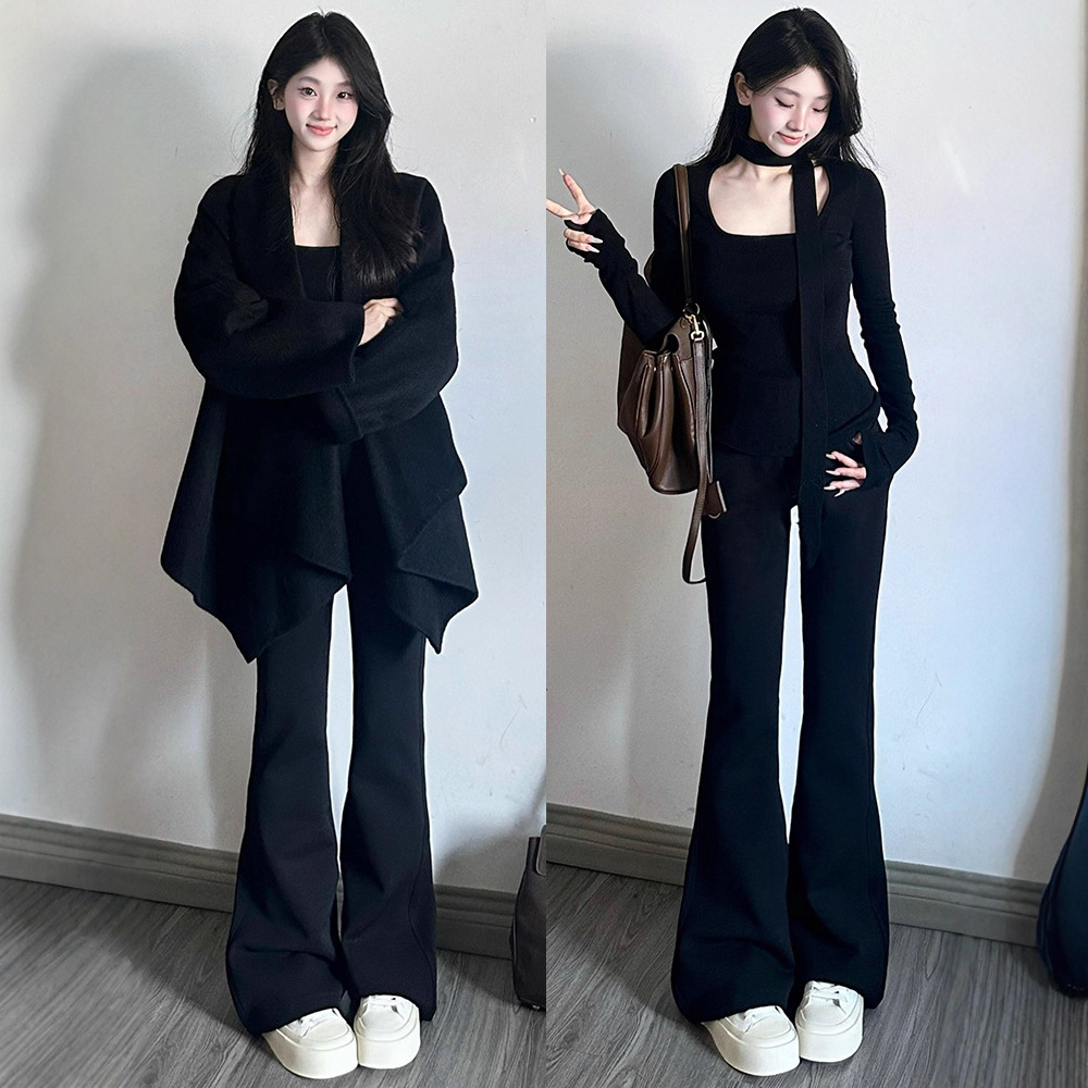 黑色马蹄裤女2025新款秋冬加绒高腰显瘦休闲微喇西装小个子喇叭裤