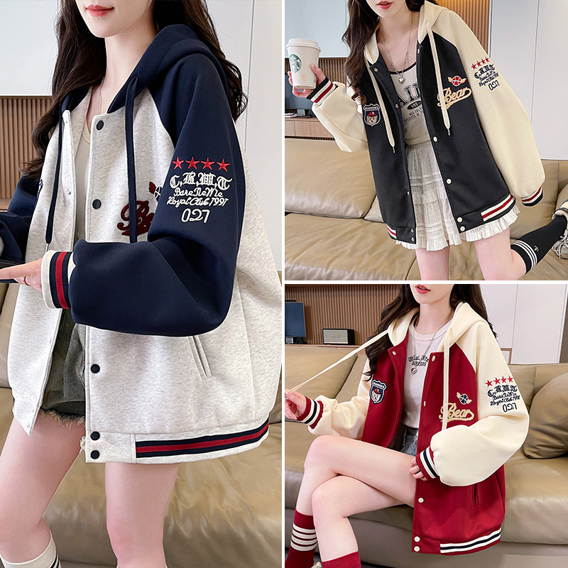 刺绣撞色棒球服春季新款初中学生大童宽松开衫卫衣休闲外套女