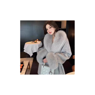 2025新款灰色双面呢羊绒大衣女狐狸毛皮草毛呢外套