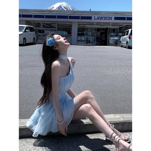 JMSHOP 富士神女 斜肩飘带连衣裙女夏季蝴蝶植绒短款/长款仙女裙