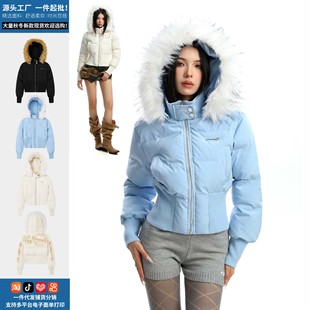 秋冬女装小个子短款修身显瘦外套加厚保暖棉衣可拆卸毛领连帽棉服