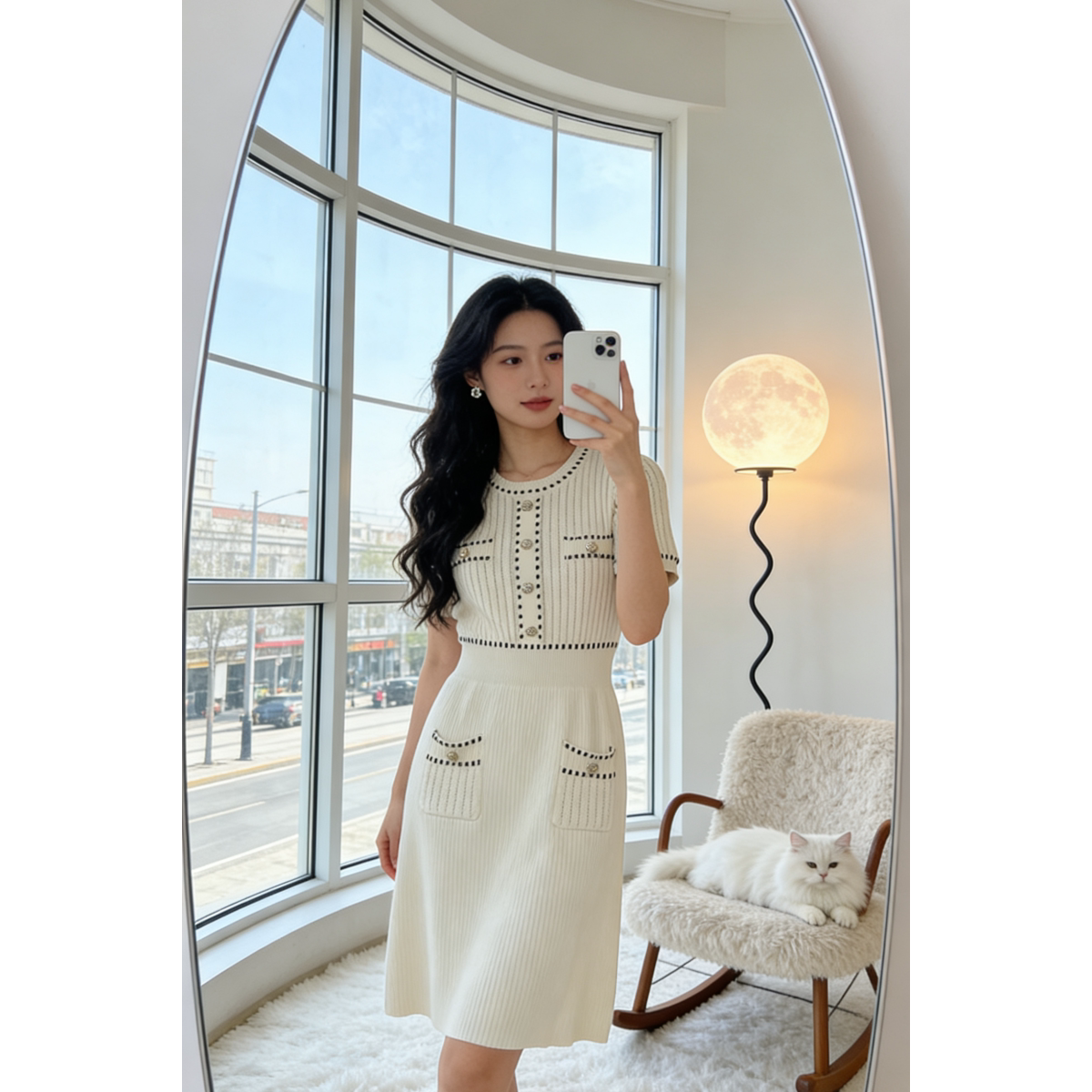 法式名媛小香风金属扣收腰圆领短袖针织连衣裙女夏季显瘦气质裙女