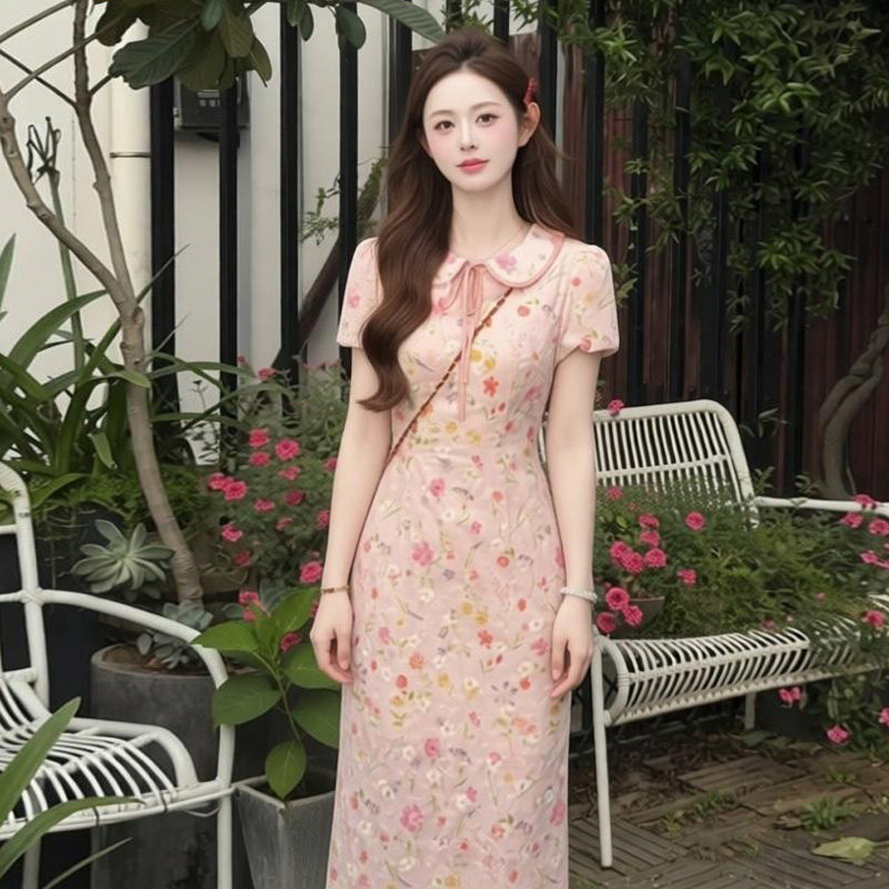 新中式国风长裙夏季收腰显瘦设计感小翻领碎花印花旗袍连衣裙女