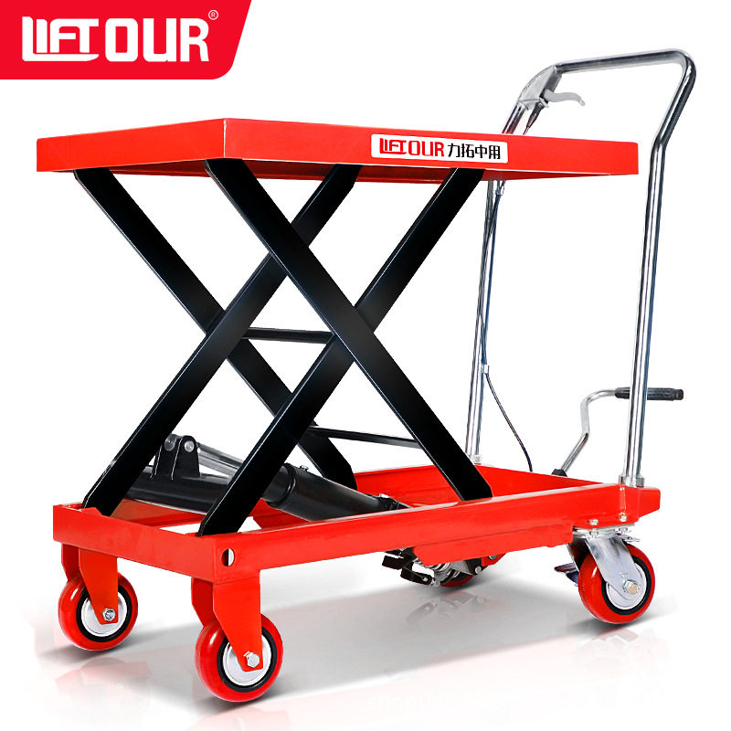 力拓手动液压升降平台车 脚踏 小型叉车 手动搬运车 移动式装卸车
