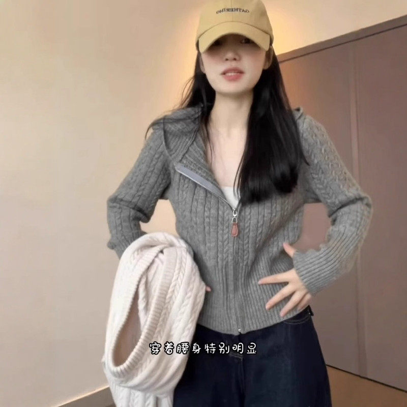 灰色麻花拉炼 炼 连帽针织开 衫女秋冬小个子短款毛衣外套内搭打,个性定制/设计服务/DIY,棉服工装,淘宝优惠券,粉丝福利购,淘宝优惠卷