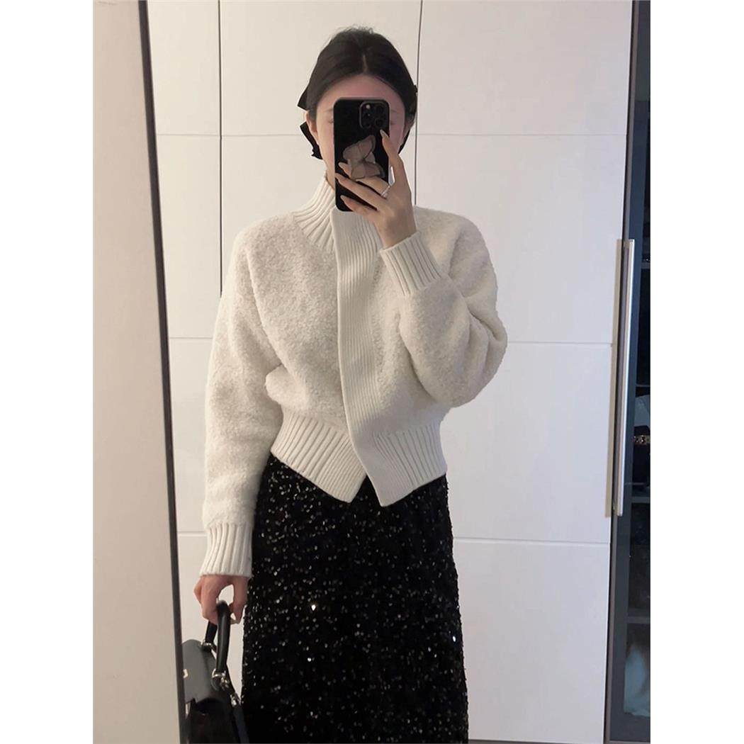 法式白色高领毛衣外套女秋冬高级感修身短款软糯针织开衫立领上衣,个性定制/设计服务/DIY,棉服工装,淘宝优惠券,粉丝福利购,淘宝优惠卷