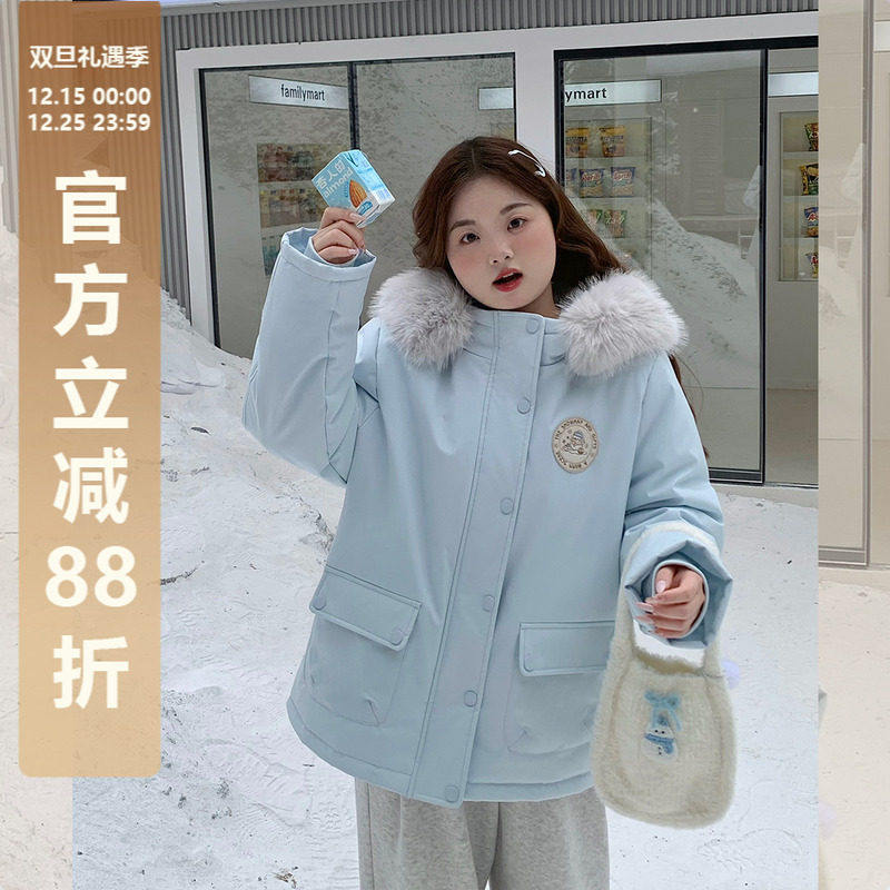 辣条大码女装学院风刺绣毛领加绒加厚防风派克棉服外套女2025新款,个性定制/设计服务/DIY,棉服工装,淘宝优惠券,粉丝福利购,淘宝优惠卷