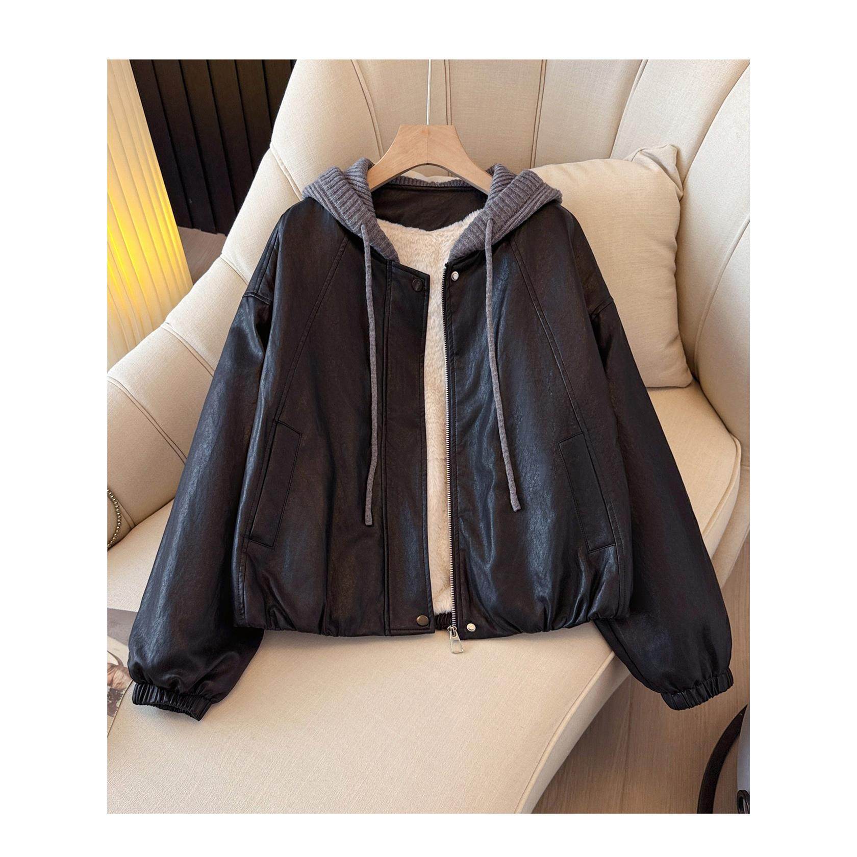 黑色连帽拼接pu皮衣加绒加厚外套女2025冬装新款今年流行爆款夹克
