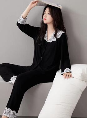秋冬奢华睡衣女性感蕾丝花边可外穿黑色长袖长裤家居服带胸垫套装