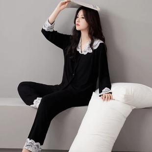 秋冬奢华睡衣女性感蕾丝花边可外穿黑色长袖长裤家居服带胸垫套装
