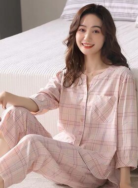 纯棉睡衣女春夏季新款七分袖七分裤夏天薄款全棉大码可外穿家居服
