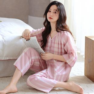 套装 格子纯棉睡衣女夏高级感国风V领开衫 家居服薄款 七分袖 九分裤