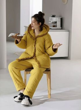 加厚保暖黄色连帽开衫三层夹棉袄睡衣女士秋冬新款家居服大码套装