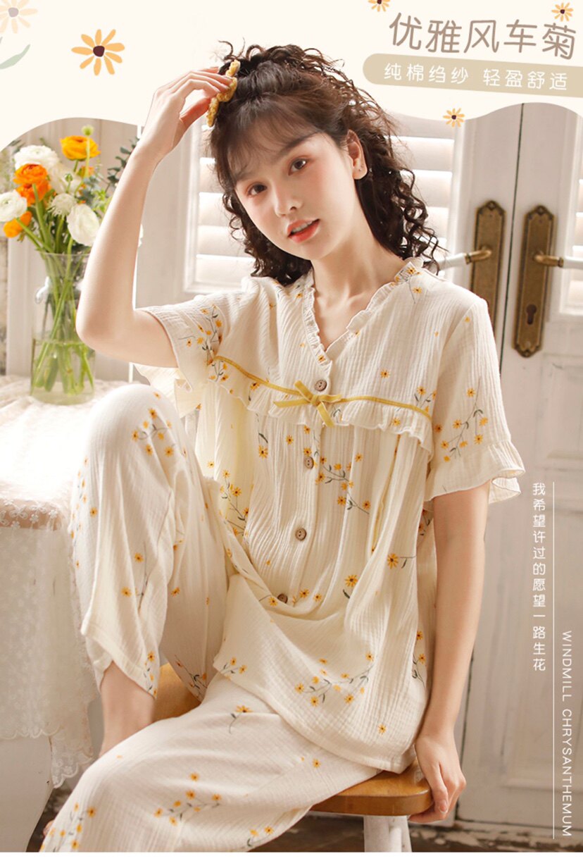 睡衣夏季高级女套装纯棉纱布薄款短袖长裤全棉甜美清新家居服套装