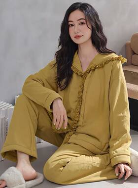 黄色连帽开衫三层加厚夹棉袄睡衣女士秋冬新款保暖厚款家居服套装
