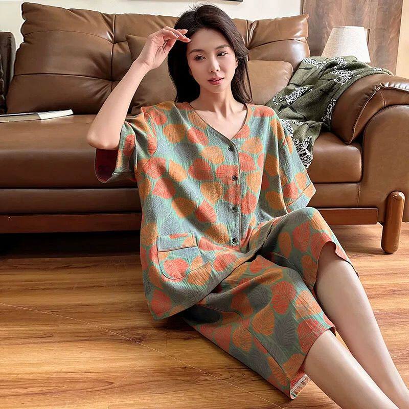 睡衣女夏季薄款胖MM纯棉短袖七分裤V领开衫家居服宽松加大码套装