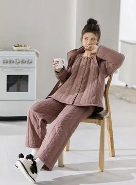 秋冬保暖紫色连帽开衫睡衣女士新款三层加厚夹棉袄家居服厚款套装