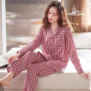 睡衣女春秋款纯棉长袖春夏季格子家居服套装可外穿大码妈妈装