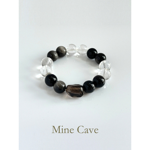 MineCave 新中式天然黑曜石手链本命年白水晶手串男女生日礼物