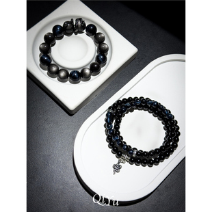 男生天然银黑曜石蓝虎眼手链水属性手串蛇本命年首饰情侣生日礼物
