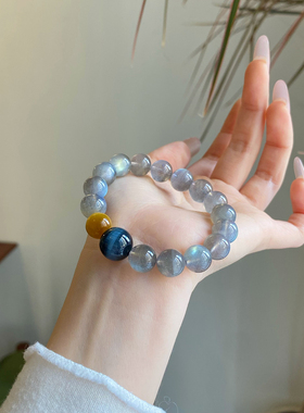 天然拉长石灰月光石手链虎眼招财