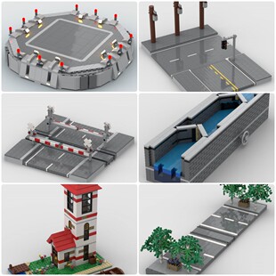 定制积木创意设计停机坪铁路道口丁字路口的街道路段运河船闸灯塔