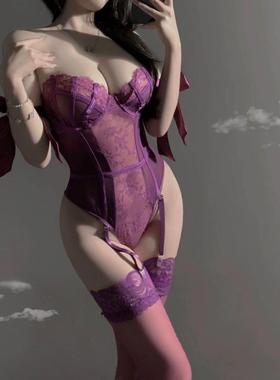 奢华诱惑gogo爆款性感私房内衣紫色蕾丝连体衣纯欲制服套装免脱睡