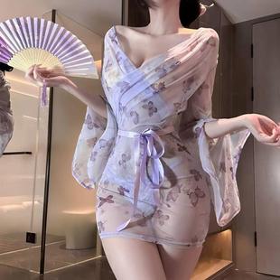 酒吧ds演出服夜店gogo服装 度假风心机透视和服诱惑蝴蝶印花睡袍调