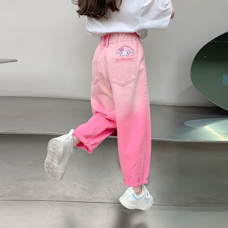 粉色牛仔裤女童夏季2025新款儿童卡通裤子薄款女孩夏天渐变休闲裤