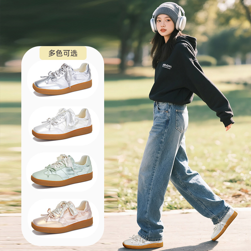 真皮阿甘鞋女2025夏季新款方头平底运动鞋女士休闲单鞋百搭德训鞋