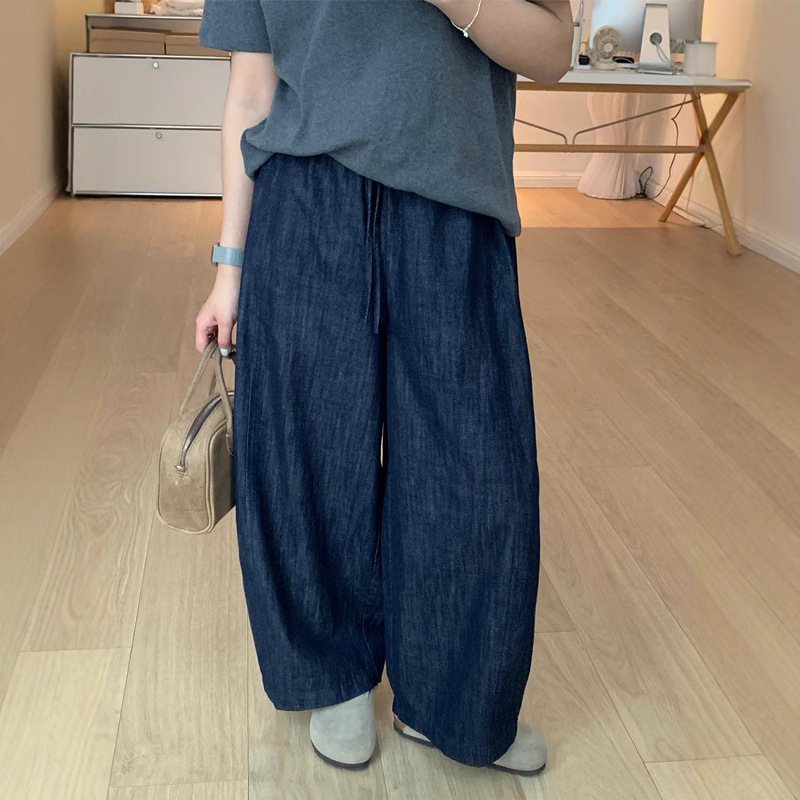薄款复古抽绳牛仔哈伦裤女2025夏季新款宽松显瘦直筒阔腿休闲裤子