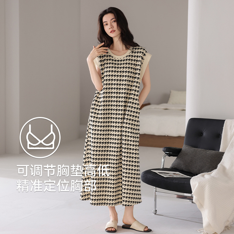 带胸垫睡裙女士夏季无袖背心家居服夏款纯棉大码休闲连衣裙可外穿
