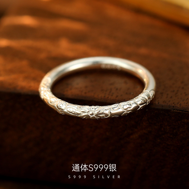 999纯银古法素圈戒指女新中式雕花设计感指环甜美樱花食指戒尾戒