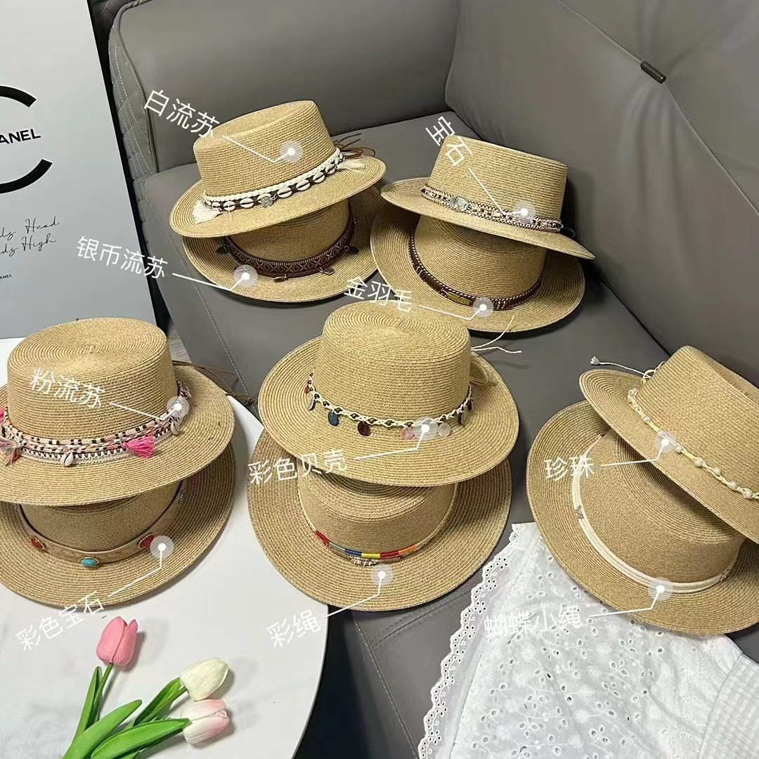 民族风~优雅平顶帽子女夏季出游遮阳帽户外百搭民族国风草帽礼帽