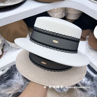 千金感蕾丝羊毛蝴蝶结礼帽子女士秋冬韩版显脸小保暖平顶帽优雅帽