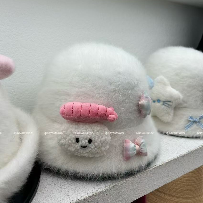 可爱蝴蝶结渔夫帽女秋冬季大头围毛毛显脸小水桶帽韩版白色毛绒帽