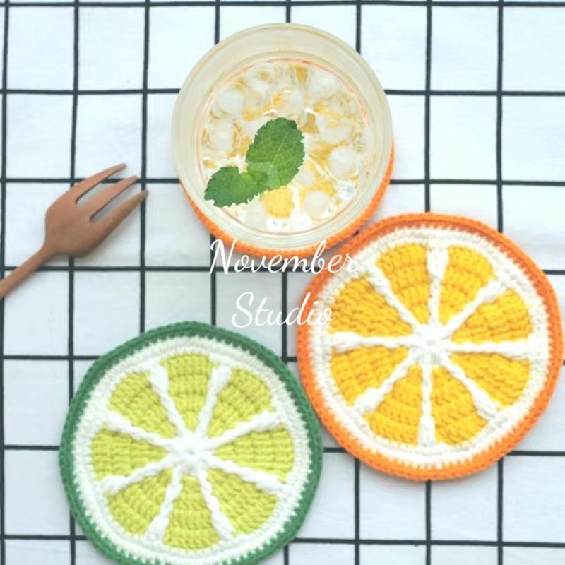 夏日清凉ins风香橙柠檬编织杯垫/包包挂饰diy钩织材料包&材料包