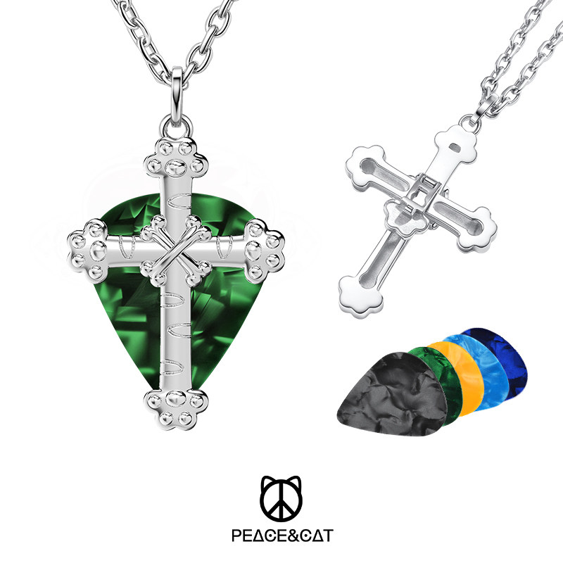 和猫十字架电吉他装拨片项链可弹奏S925银男防丢吊坠礼物定制刻字