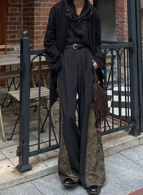 以休眠 复古小众山本耀司风侧面褶皱拼接设计阔腿裤拖地堆叠西裤