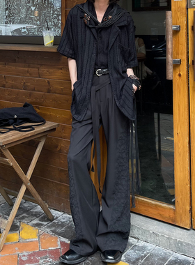 以休眠 复古拼接设计山本耀司风绑带垂感高级微喇叭西裤黑色长裤