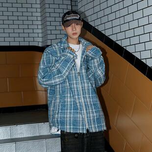 蓝色格纹长袖衬衫男款美式复古少年感休闲宽松百搭垫肩衬衣外套