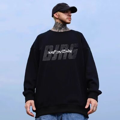 大码卫衣男士宽松秋冬款上衣加绒加厚外套无帽潮牌长袖T恤微短宽