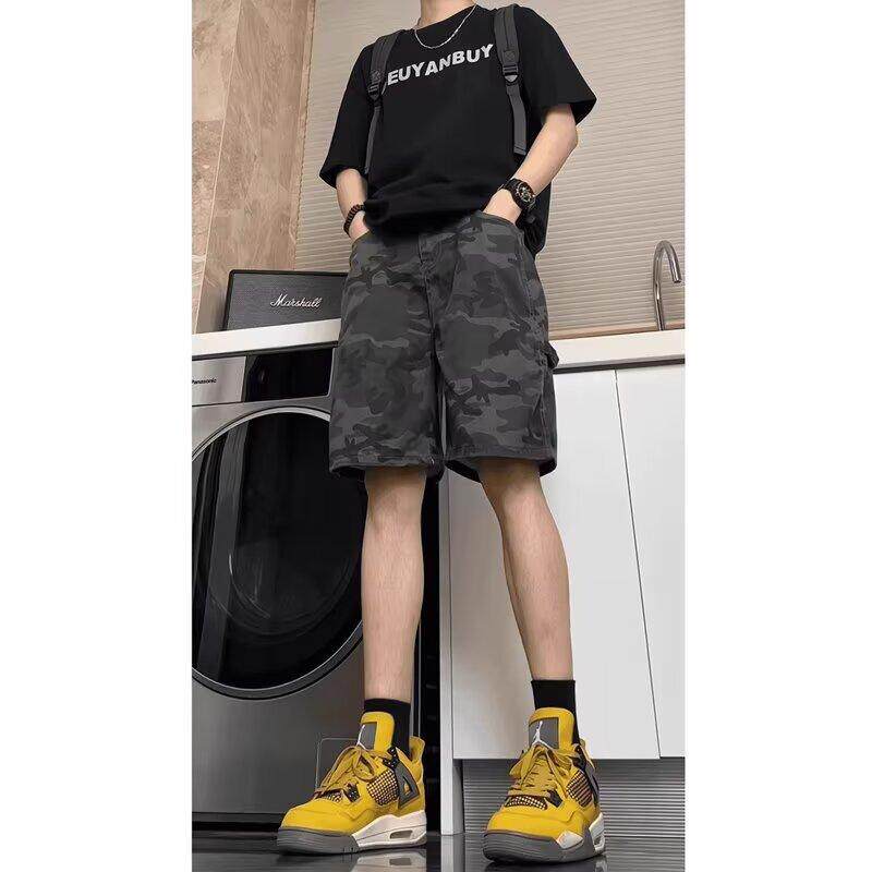复古迷彩工装牛仔短裤男款潮流夏季青少年vibe直筒阔腿五分裤美式