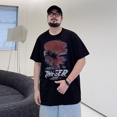 圆领宽松型ins城市风貌时尚都市时尚潮牌夏季T恤男流行五分袖日常
