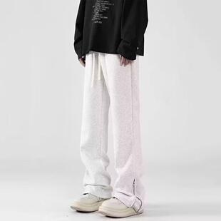 美式弯刀卫裤男款春秋高克重直筒拉链微喇叭裤子重磅白花灰休闲裤