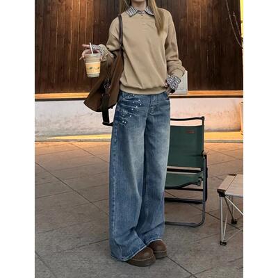 美式高街cleanfit复古蓝水洗弯刀牛仔裤男女vibe宽松直筒阔腿裤子