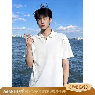 老钱风翻领POLO衫短袖美式海鸥领轻薄弹力针织T恤冰凉感上衣男款