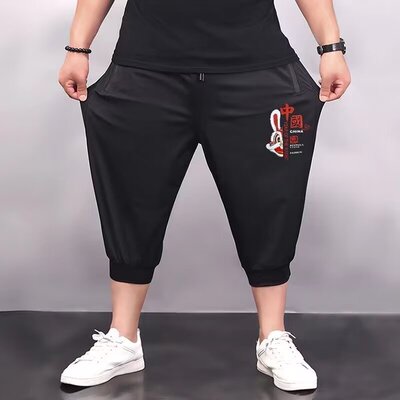 七分裤夏季裤子加肥加大短裤宽松运动休闲男装国潮印花运动裤中裤